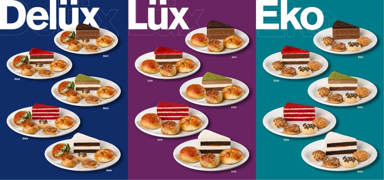 Three product line categories showing plated meals with meat, vegetables and sauce on blue, purple, and teal backgrounds labeled Delux, Lux, and Eko